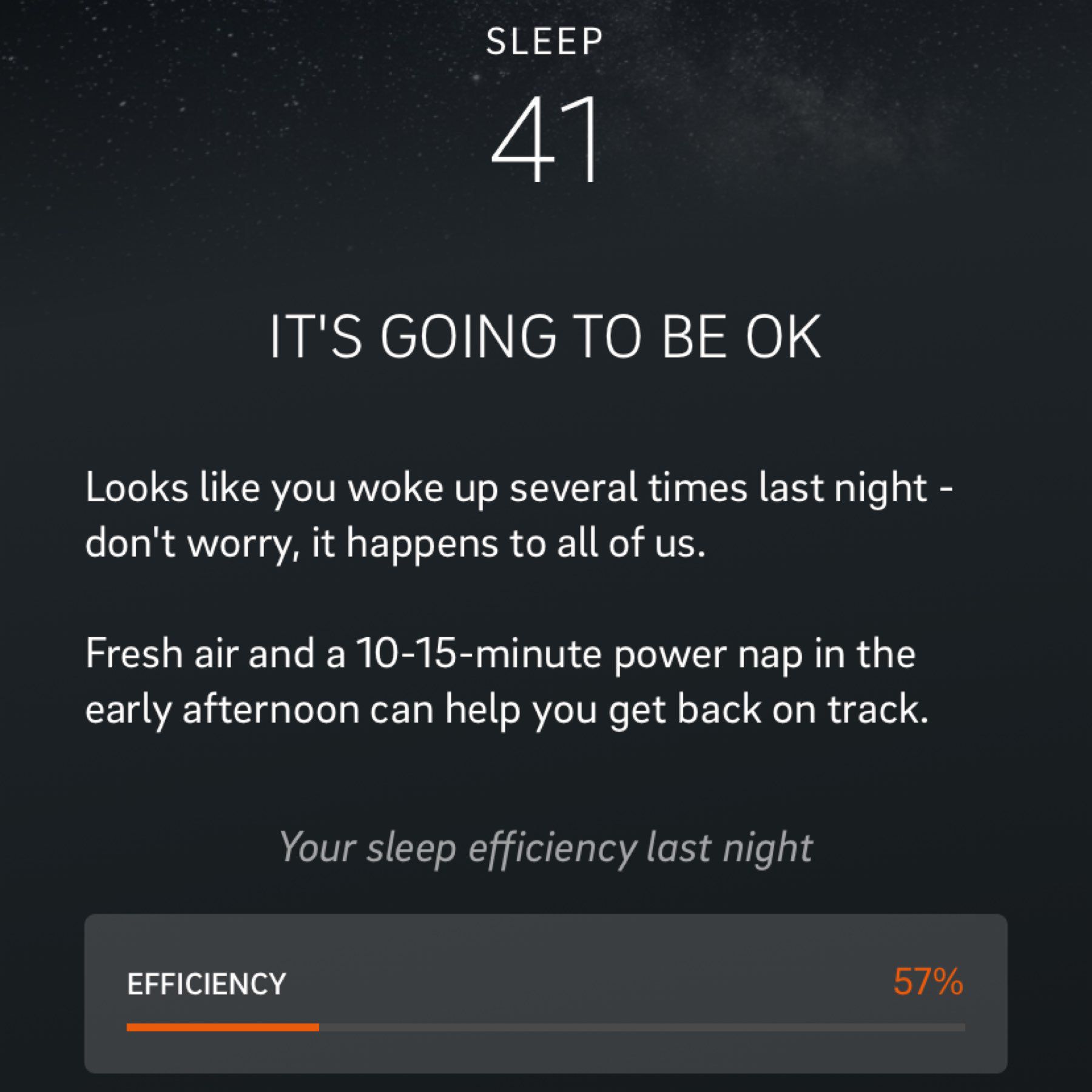 ”a screen shot showing my sleep score of 41 out if 100. A headline reads, 'It’s going to be OK.'